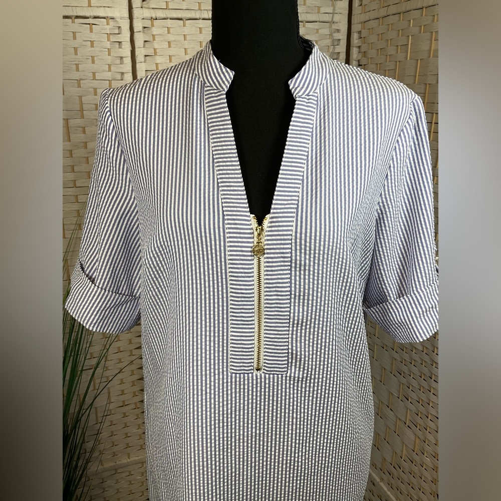 EUC Anne Klein SeerSucker Shirtdress w/Cuff Sleeves & Zipper Front- Sz 8 - Picture 2 of 7
